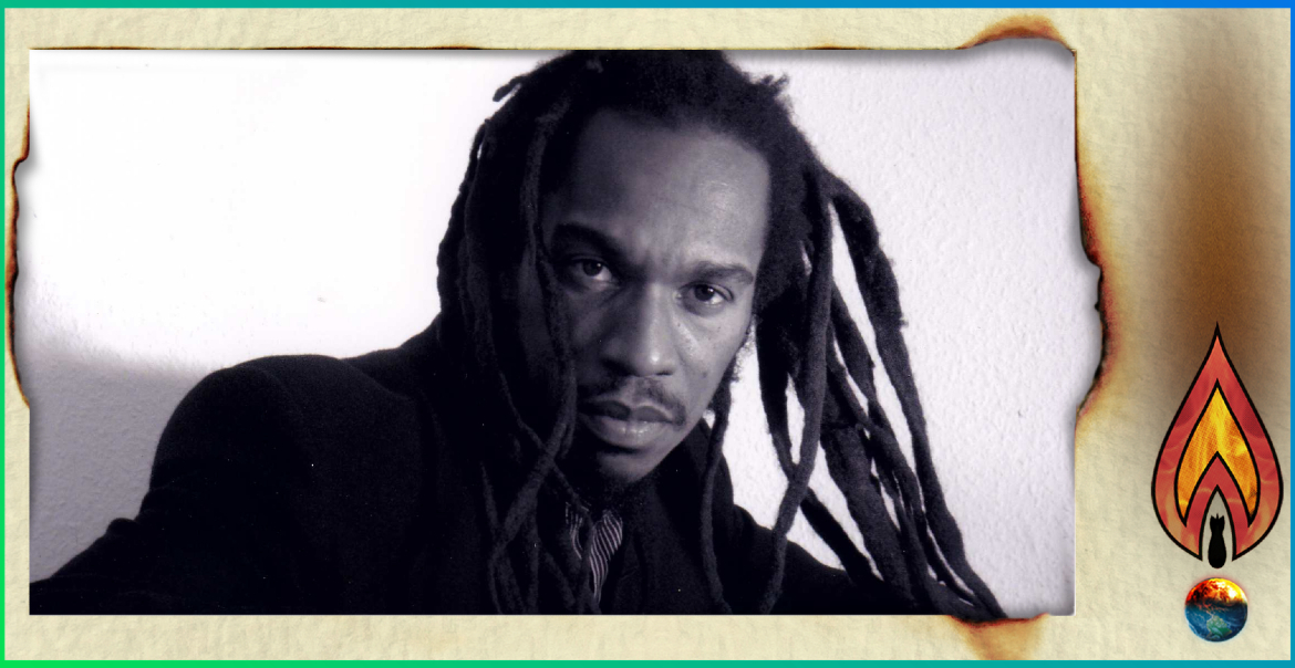 A black and white image of Benjamin Zephaniah with the WoWFest 2024 graphic artwork.