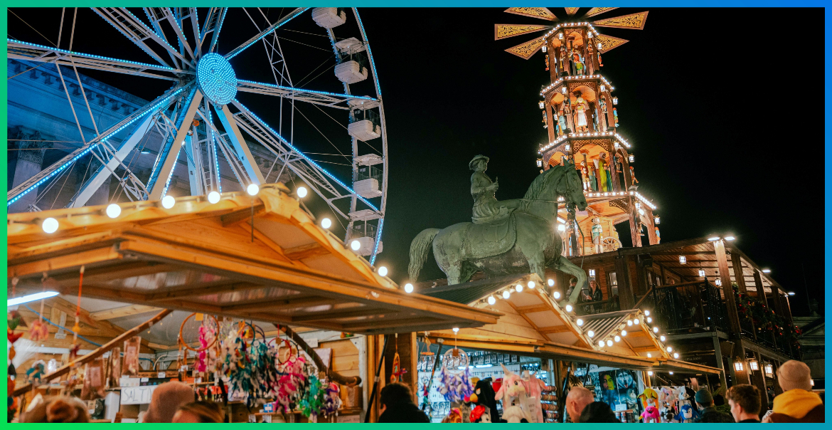 Liverpool's Christmas markets featuring a ferris wheel and stalls at night.