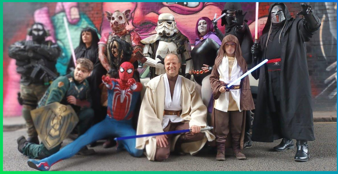 An ensemble of people dressed up as different fictional characters.