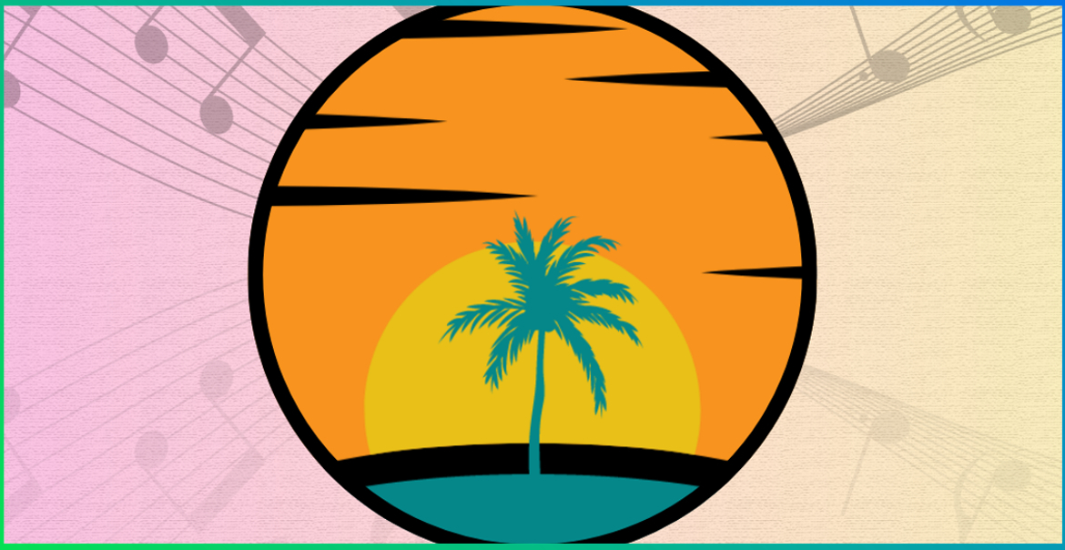 Icon of sunset and a palm tree against a pastel pink and yellow background.