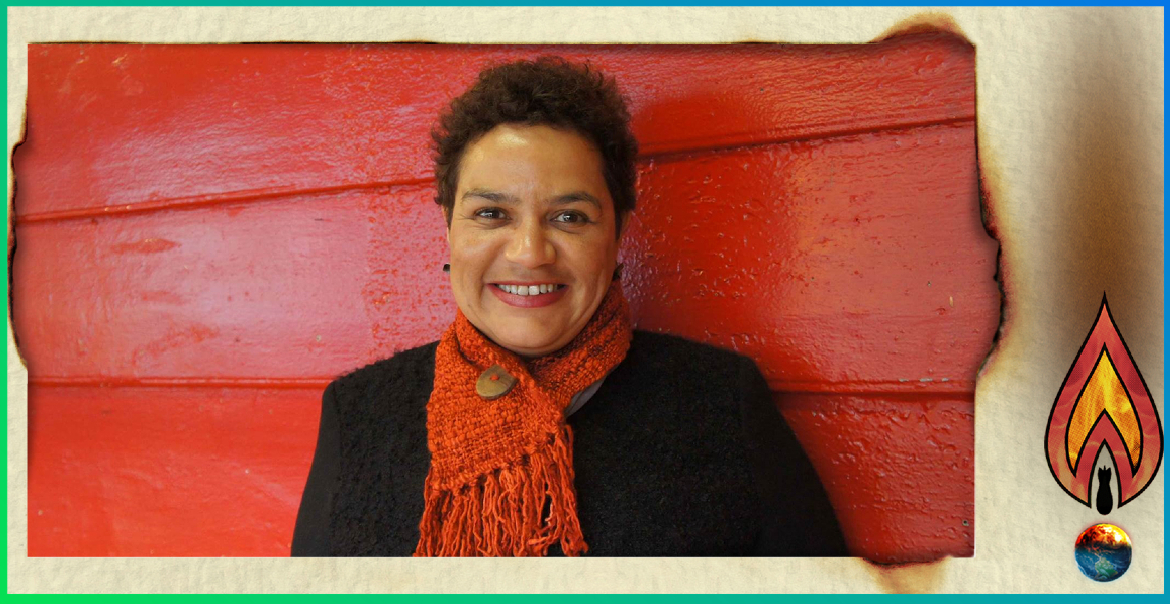 WoWFest 2024 graphic artwork of an orange flame featuring an image of Jackie Kay.