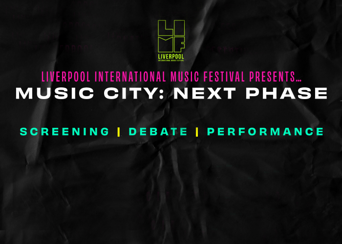 black crinkled piece of paper with the text Liverpool International Music Festival. Music City: Next Phase. Screening, Debate, Performance
