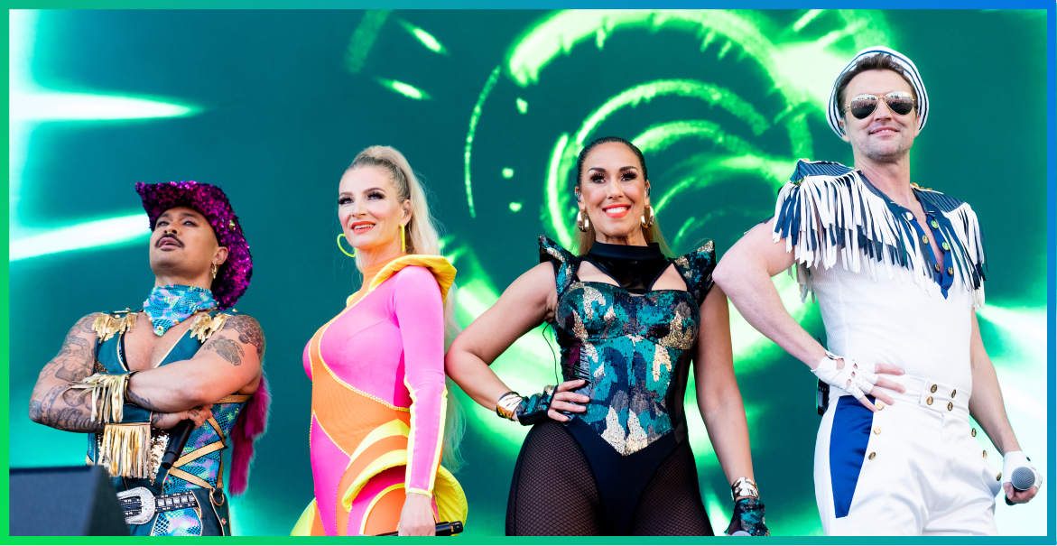 picture of the Vengaboys performing live on stage at the EuroVillage in Liverpool