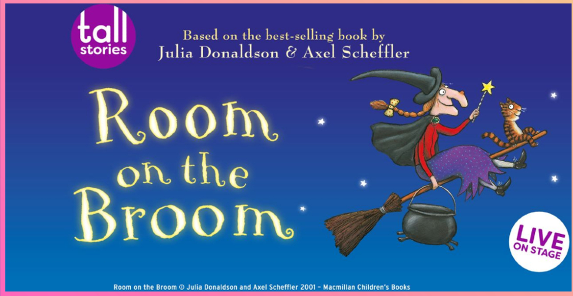 Graphic artwork for Room on the Broom with an illustrated witch flying on a broomstick.