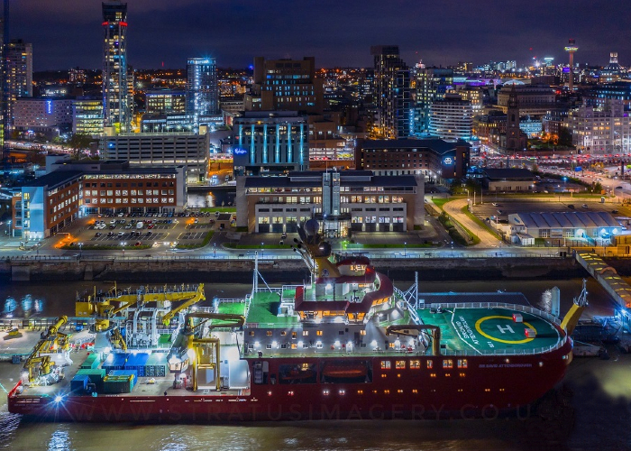 night-time image of RRS Sir David Attenborough on Liverpool's waterfront