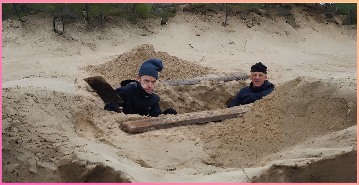 Two men standing in a pit in sand dunes.