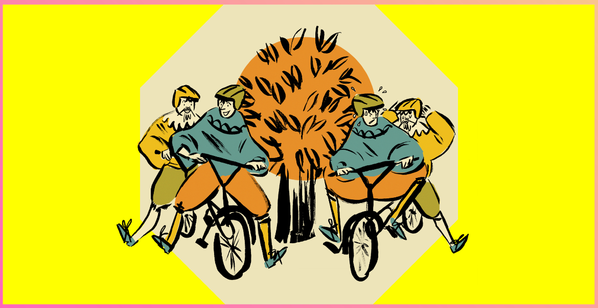 Graphic artwork of people on bikes, cycling around a tree.