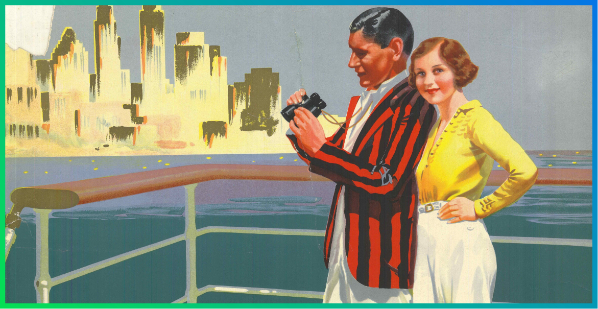 art deco picture of a couple standing on a cruise ship looking out to the skyline of a city