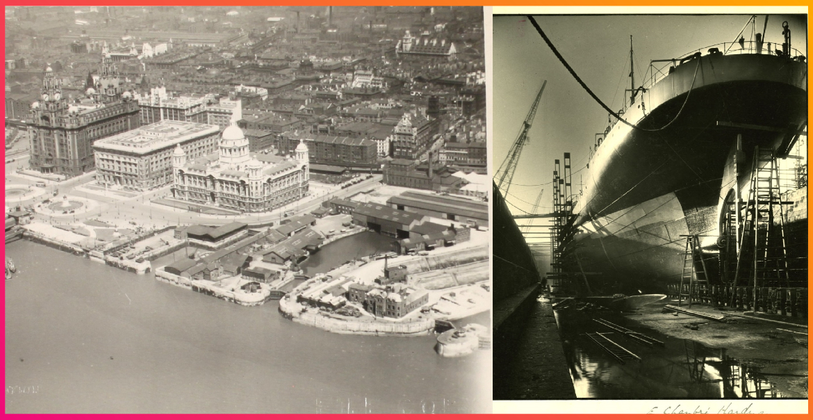 Old photographs of Liverpool's water front and a Cunard ship.