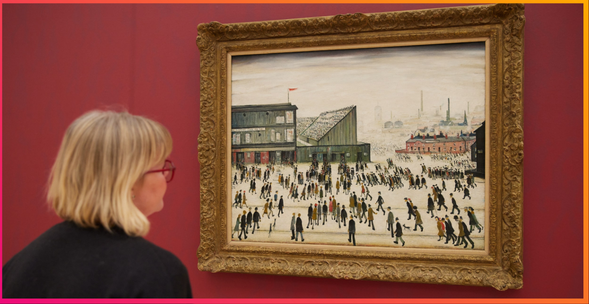 A woman admiring LS Lowry, Going to the Match, 1953 in a gallery.
