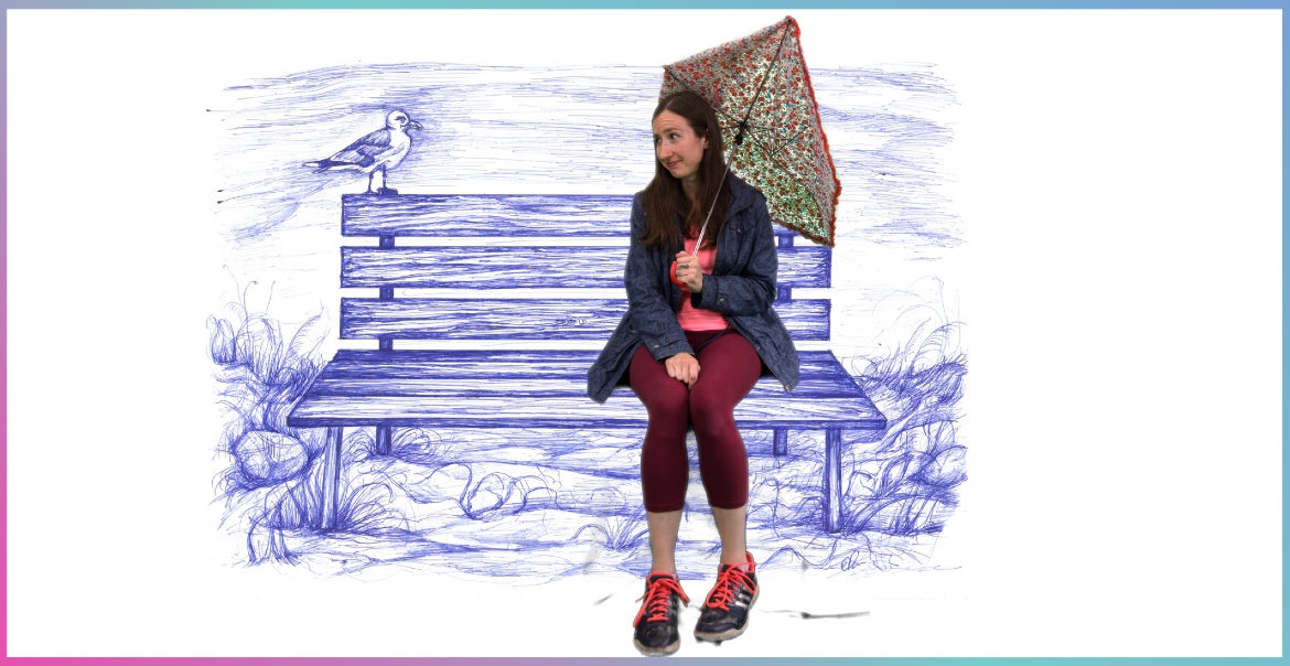 A real life image of a woman holding an umbrella, sitting on an illustrated bench