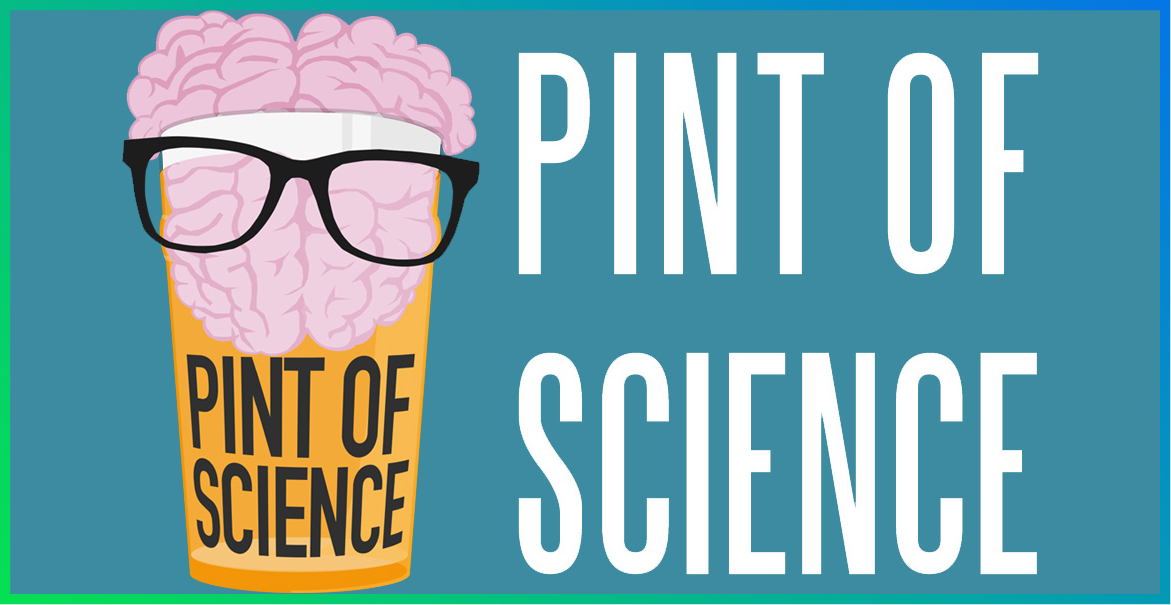 graphic image of a pint glass with featuring a brain and glasses accompanied by the text Pint of Science