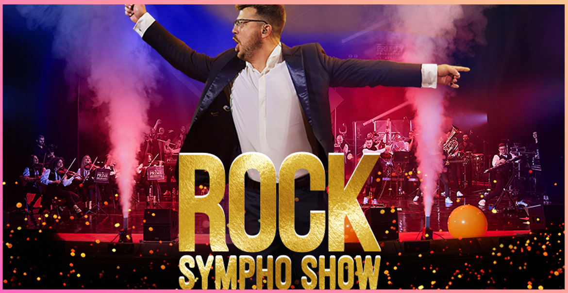 Graphic artwork for Rock Sympho Show with a conductor and an orchestra behind him.