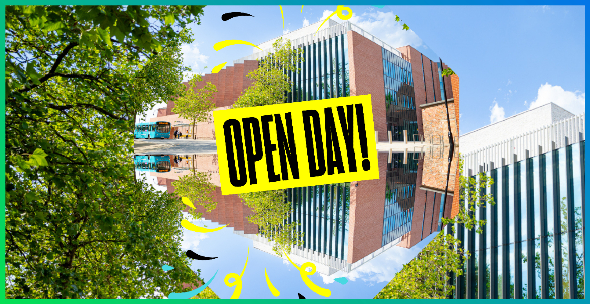 The exterior of Shakespeare North Playouse on a sunny day with big, bold text reading "OPEN DAY" overlayed.