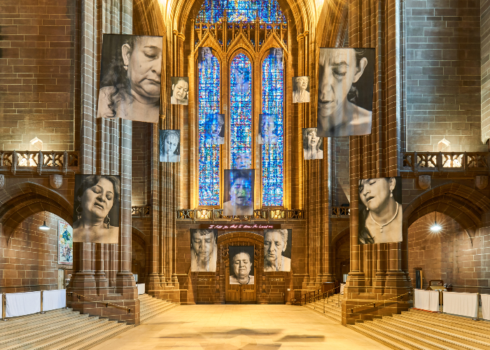 Sudarios commission as part of RISE 2019. Black and white images of women hung inside the Anglican Cathedral in Liverpool