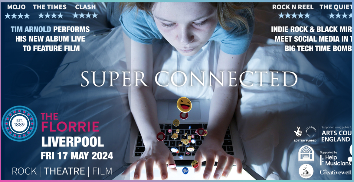 Promotional poster for 'Super Connected' featuring a young girl on a laptop with emojis coming out of the screen.