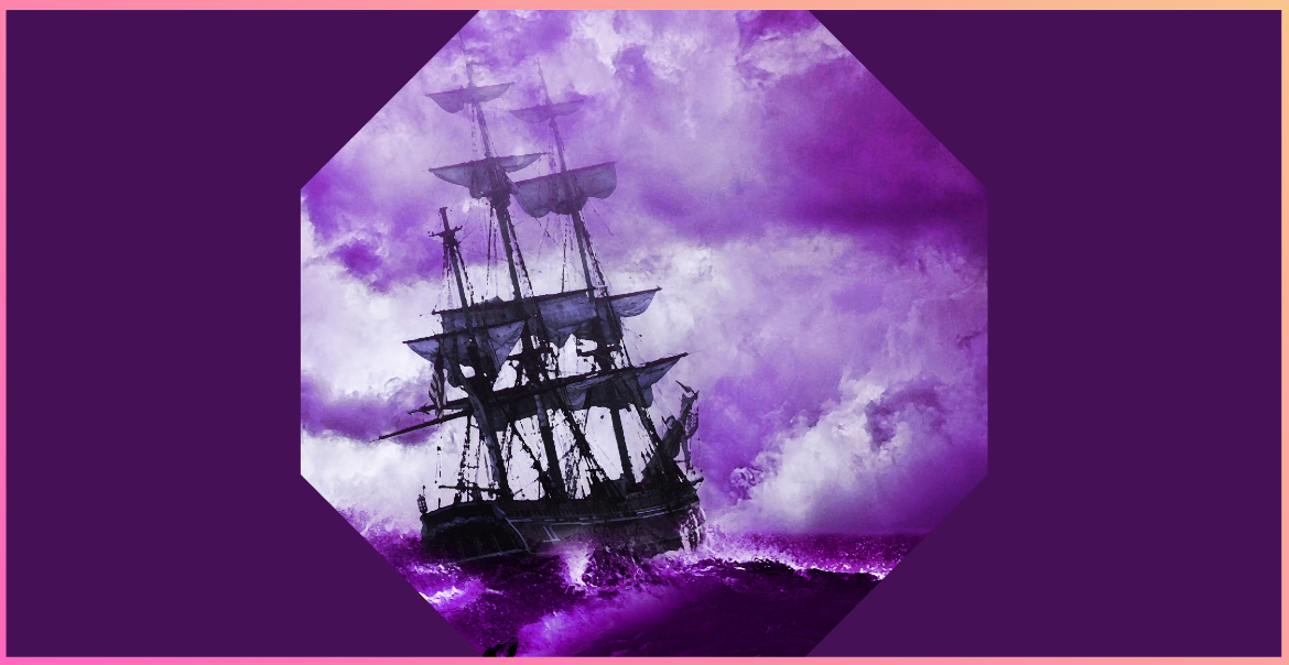 An image of a large ship at a stormy sea with a purple haze in the sky.