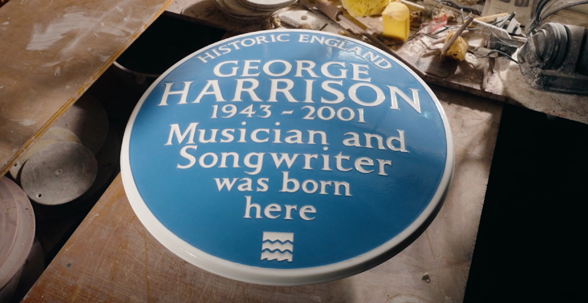 A blue plaque in honour of George Harrison's birth place.