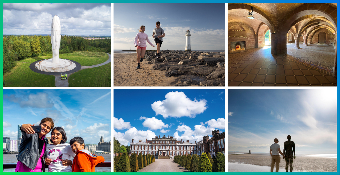 six images of different attractions across the Liverpool City Region including a lighthouse, grand estate, beach and underground arches