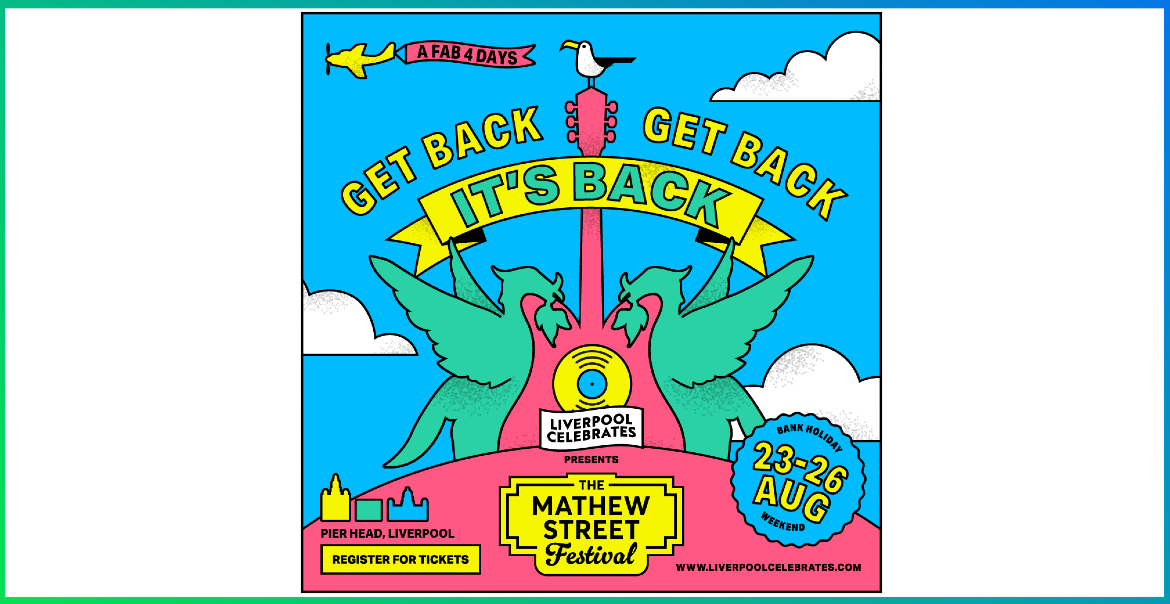 Illustrative graphic artwork for Matthew Street Festival featuring the Liver Birds, a pink guitar and a seagull.
