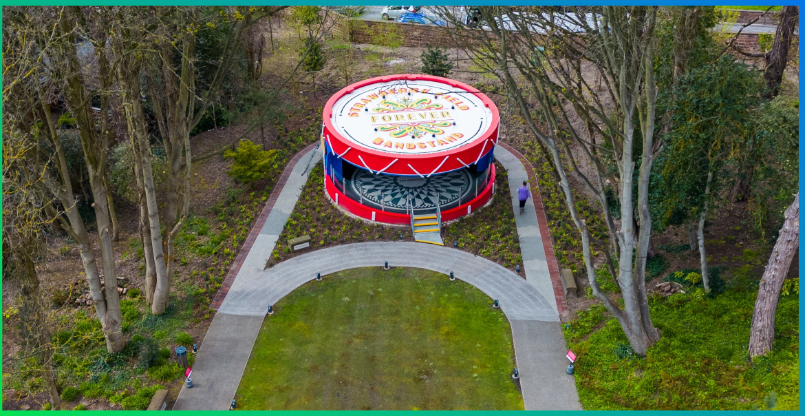 Strawberry Field Bandstand and gardens from above.