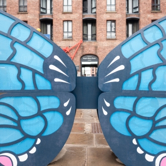 A large blue butterfly sculpture.