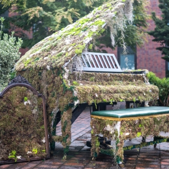 A moss-covered baby grand piano in a garden setting.