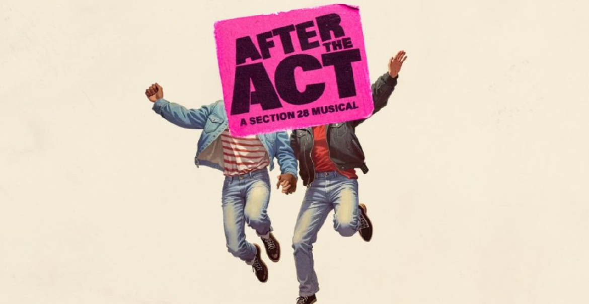 An illustrated image showing to people jumping in the air. Their faces are covered by a pink box with black text that reads "AFTER THE ACT"