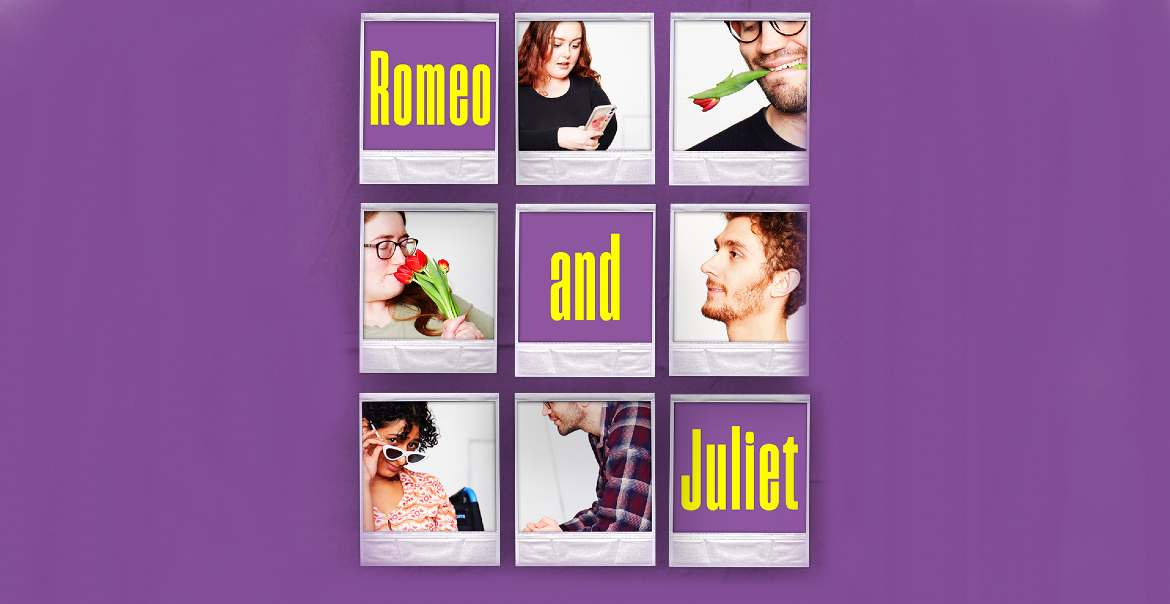 9 square images againsta purple background with yellow words 'Romeo and Juliet'.