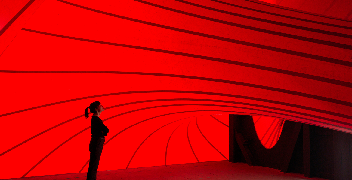 Anish Kapoor Sectional Body Preparing for Monadic Singularity, 2015 P.V.C, steel 7.3 x 7.3 x 7.3 m Photo: D.Saulnier Interior view: Jonathan Leijonhufvud © Anish Kapoor. All rights reserved, DACS 2024