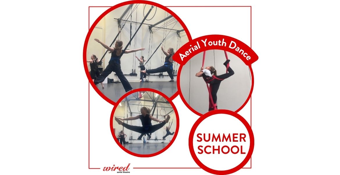 Graphc poster featuring red circles with images of an aerial dance workshop