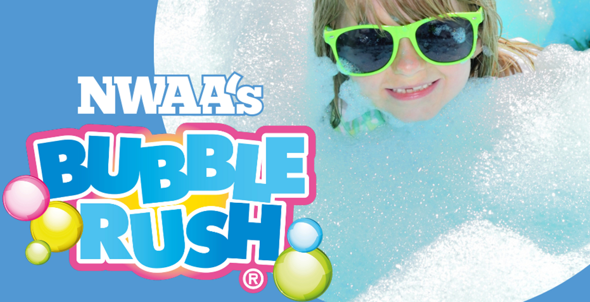 Image of a girl wearing sunglasses, surrounded by bubbles and Bubble Rush logo.