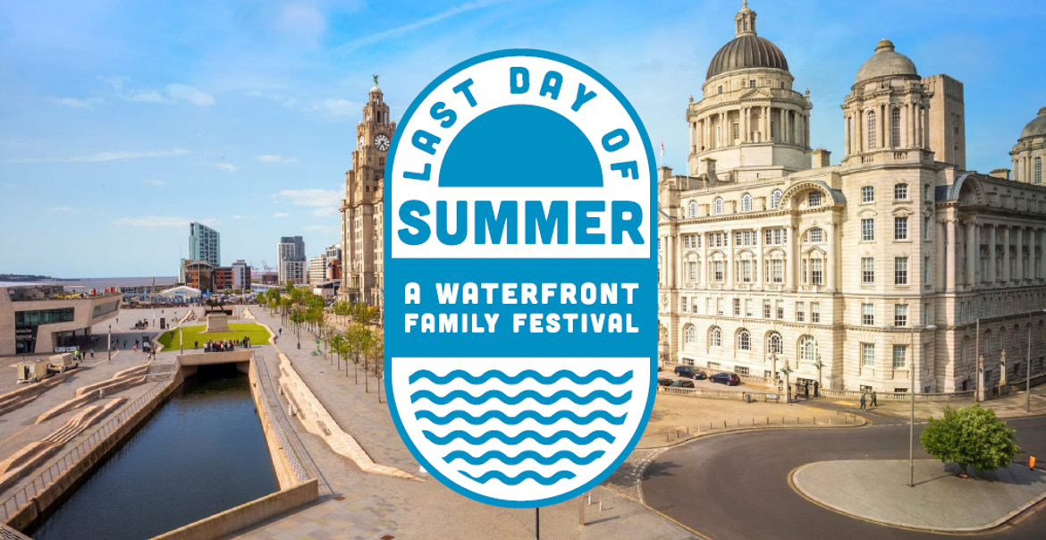 Liverpool's Pier Head with a bue sticker overlaying the image saying "LAST DAY OF SUMMER"