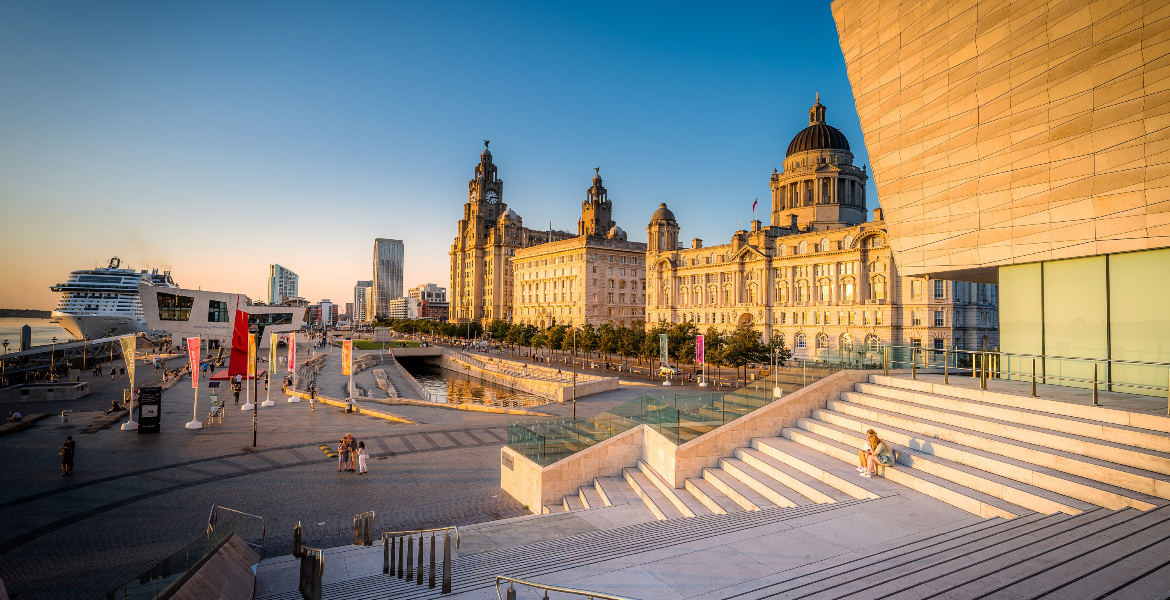 Ariel view of Liverpool's Pier Head including the Royal Liver Building, Cunard Building and the Port of Liverpool Building.