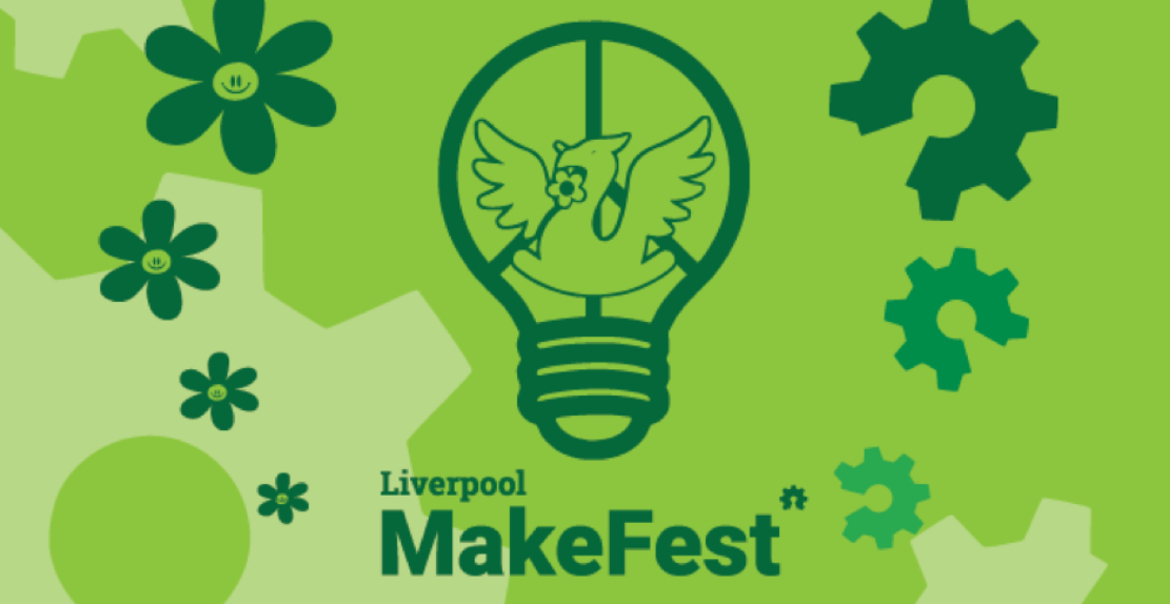 Graphic artwork featuring a green background with icon of flowers, cogs and a large lightbulb. Dark green text reads "Liverpool MakeFest."