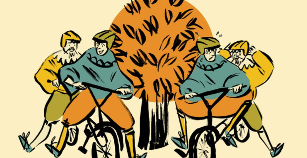 Graphic artwork of people on bikes, cycling around a tree.