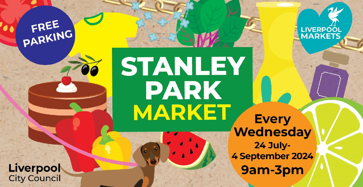 Graphic artwork advertising summer markets at Stanley Park. Featuring different icons of items like a watermerlon slice, a cake and a t-shirt.