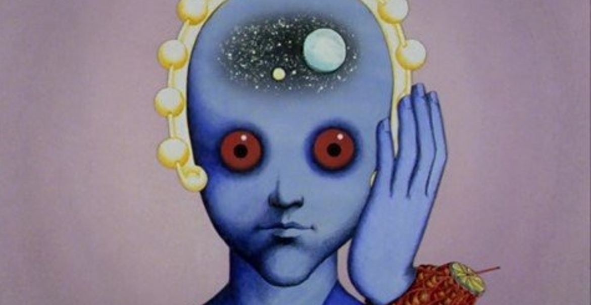 An llustrated imgae of a blue skin, red-eyed, person with planets in their head.