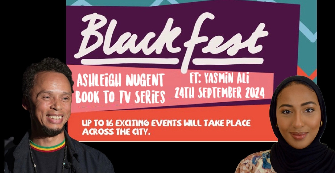 Promotional poster for Blackfest 2024 featuring images of two people and details for a 'Book to TV' event.