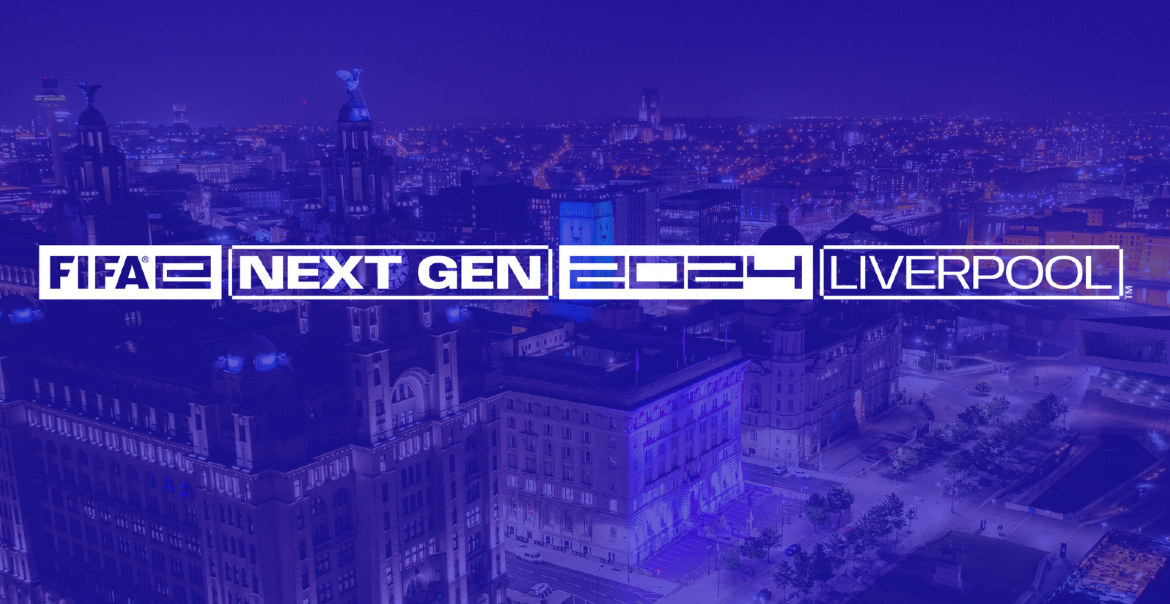 A drone-shot of Liverpool at night overlayed with a blue tone and white text which reads "FIFA AE NEXT GEN. 2024."