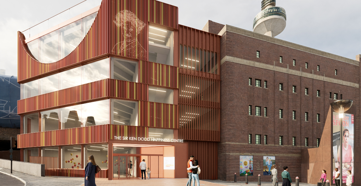 A rendered image of Liverpool's Royal Court 'Happiness Centre' building extension.