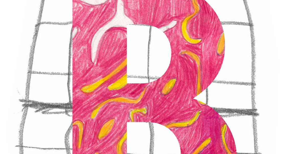 A hand drawn and coloured letter 'B' on white paper.