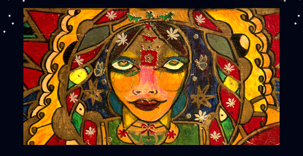 An artwork of a woman featring different colours and patterns