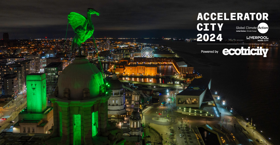 Image of the Liverpool skyline with the Royal Liver Building lit up green and the text Accelerator City