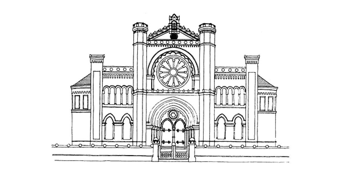 An artistic depiction of a synagogue with a prominent clock tower