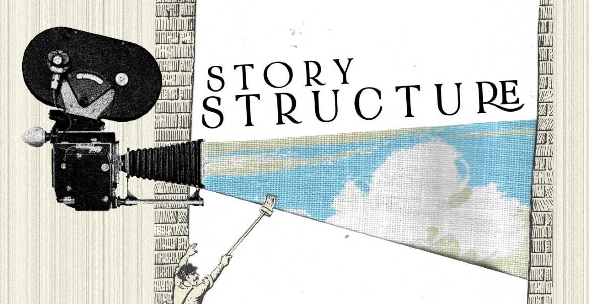 A collaged image of different textures, illustrations of a cloud, an image of a film recording and black text reading "Story Structure"