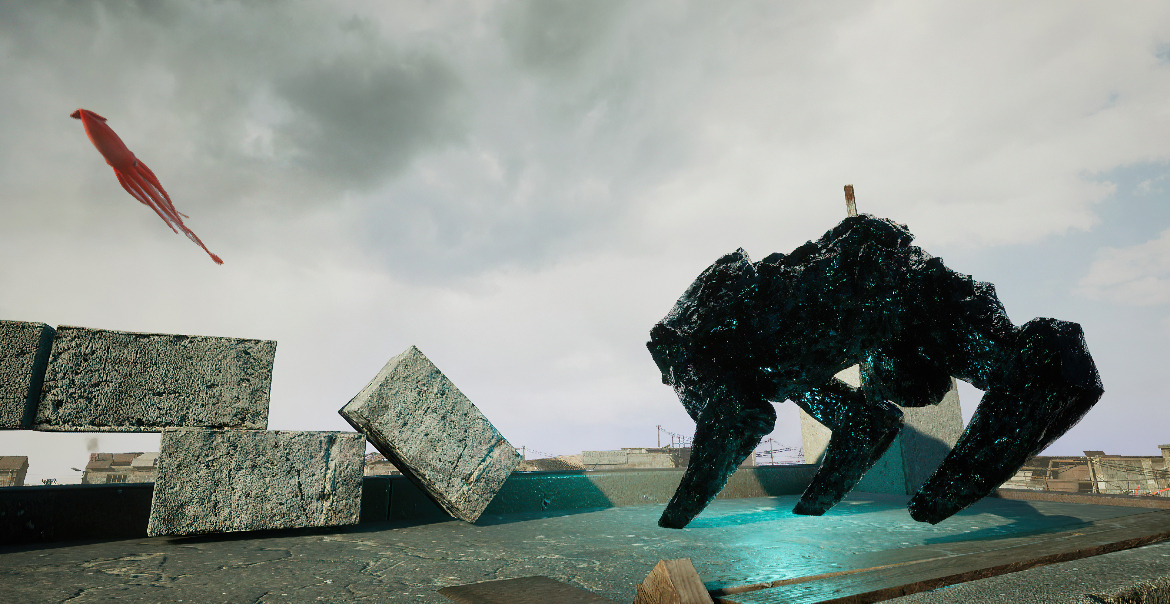 Image showing a large, dark crystal-like sculpture resembling a spider, set in an urban landscape. A bright red squid-like object streaks across the cloudy sky above.