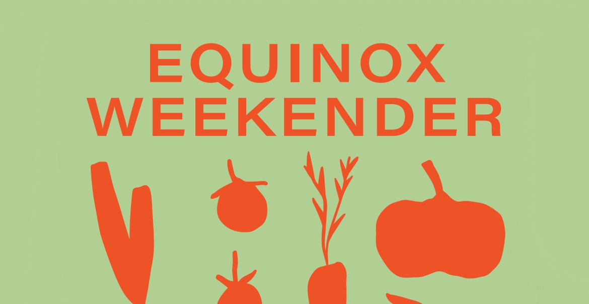 Graphic artwork featuring orange text reading 'EQUINOX WEEKENDER' and symbols of orange vegetables.