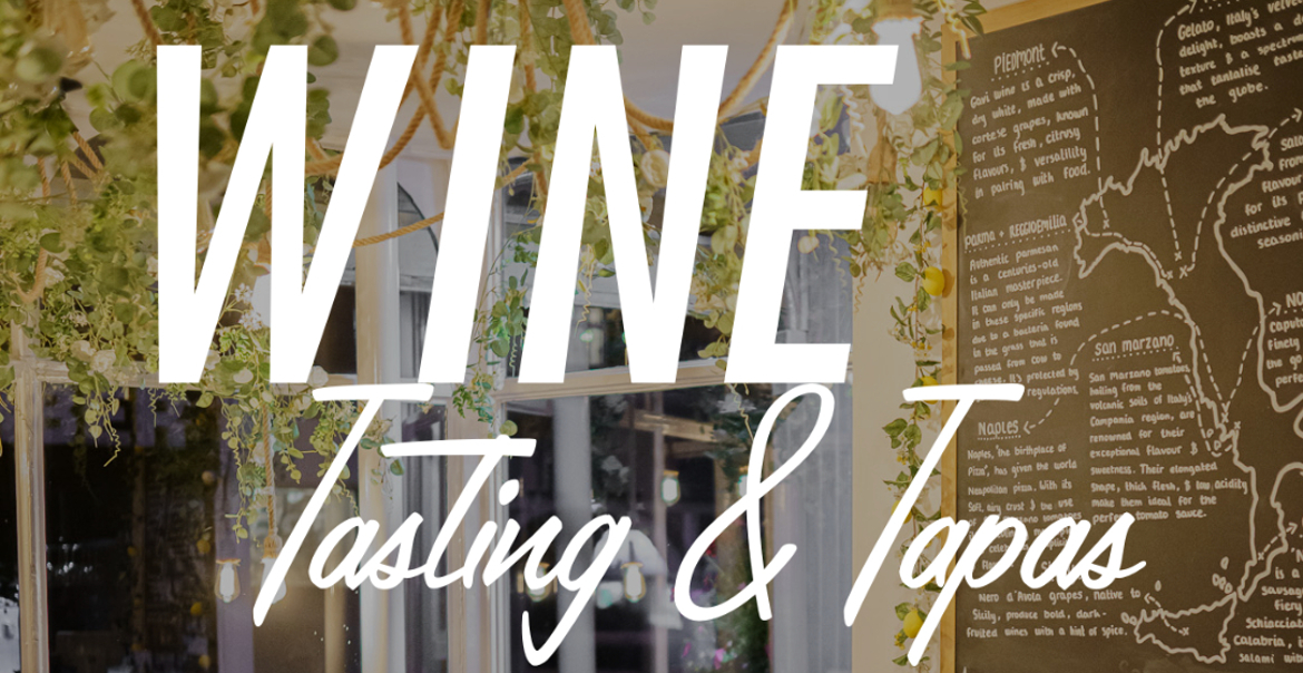 White text "WINE TASTING AND TAPAS" overlayed an image of a cosy bistro.