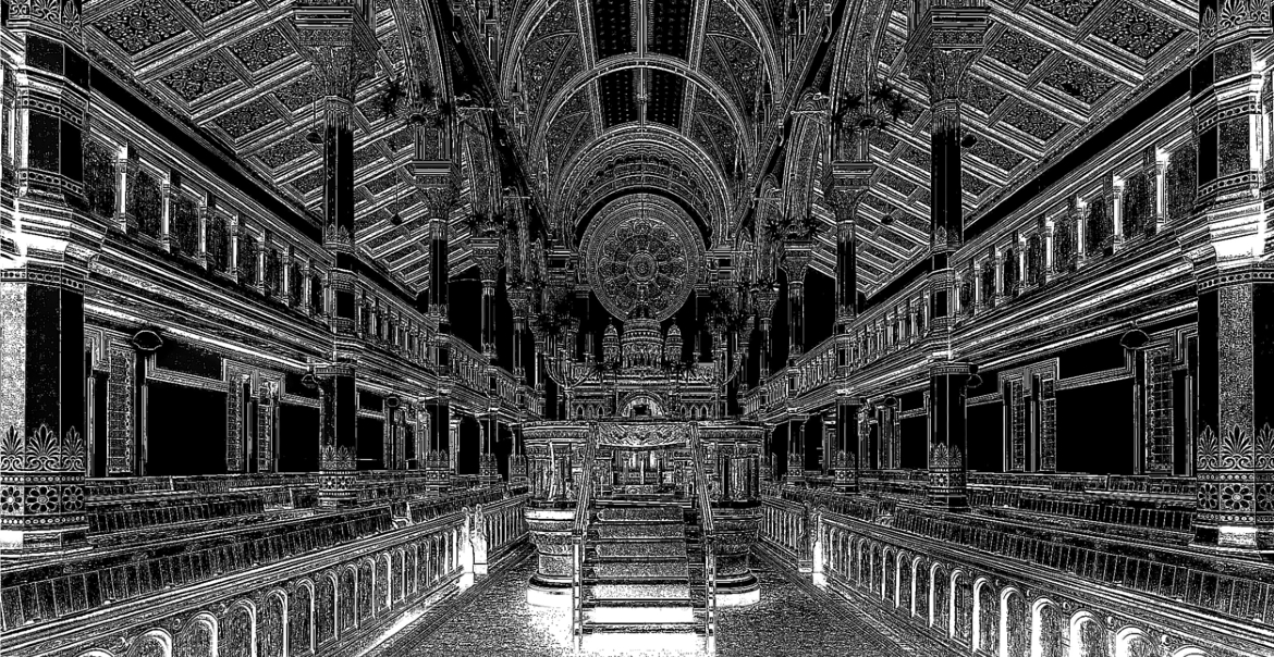 Detailed black and white illustration of the interior of a Synagogue.